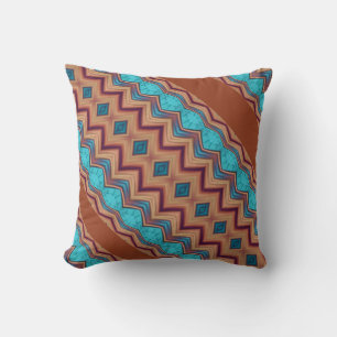 Patterned Teal, Rust, Brown Throw Pillow