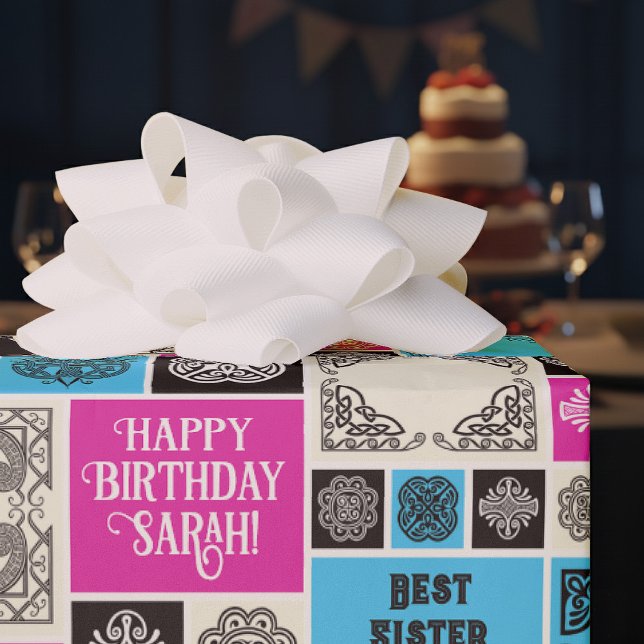 Patterned Tiles Birthday Add The Text Black White Wrapping Paper (Creator Uploaded)