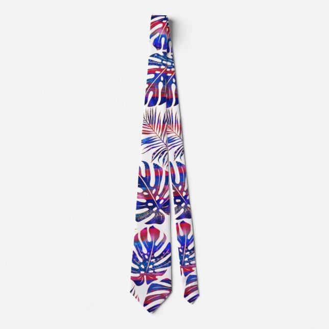 Patterned tropical leaves blue, red and gold tie (Front)