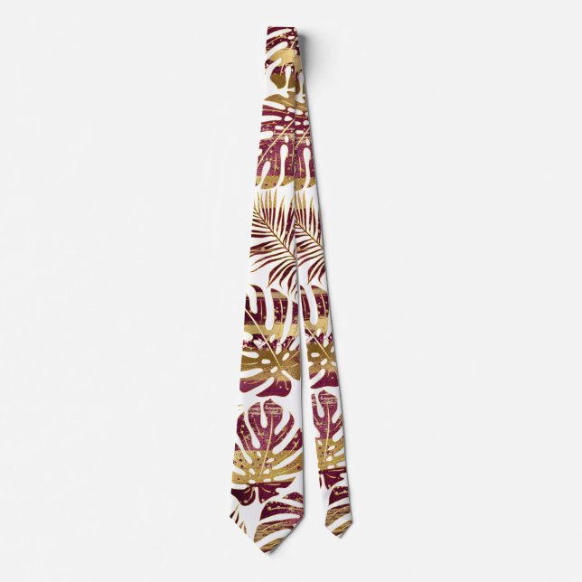 Patterned tropical leaves burgundy and gold tie (Front)