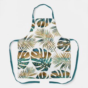 Patterned tropical leaves teal, gold brush strokes apron