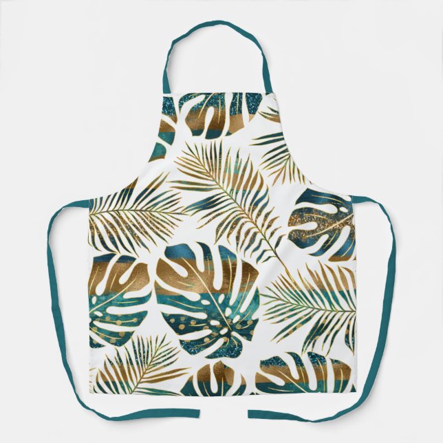 Patterned tropical leaves teal, gold brush strokes apron (Front)