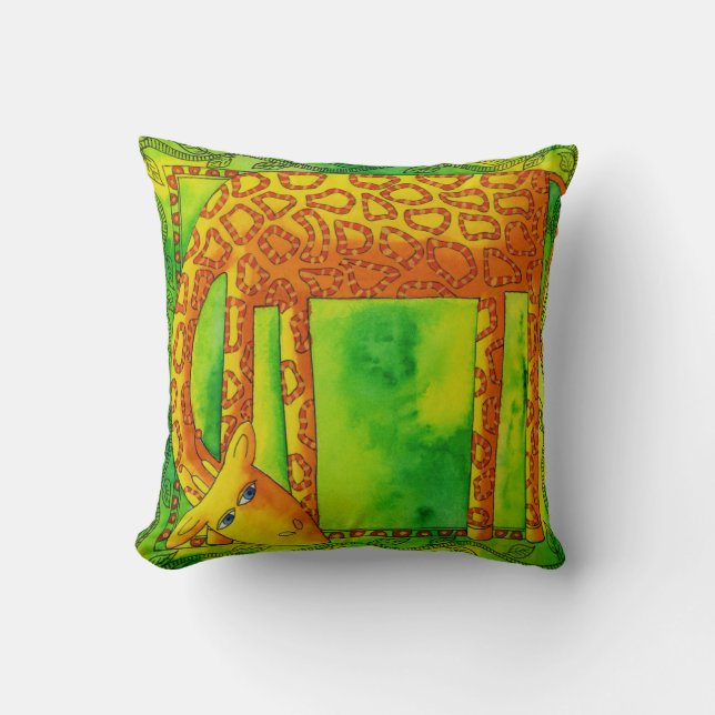 Patterned Watercolour Giraffe Illustration Cushion (Front)
