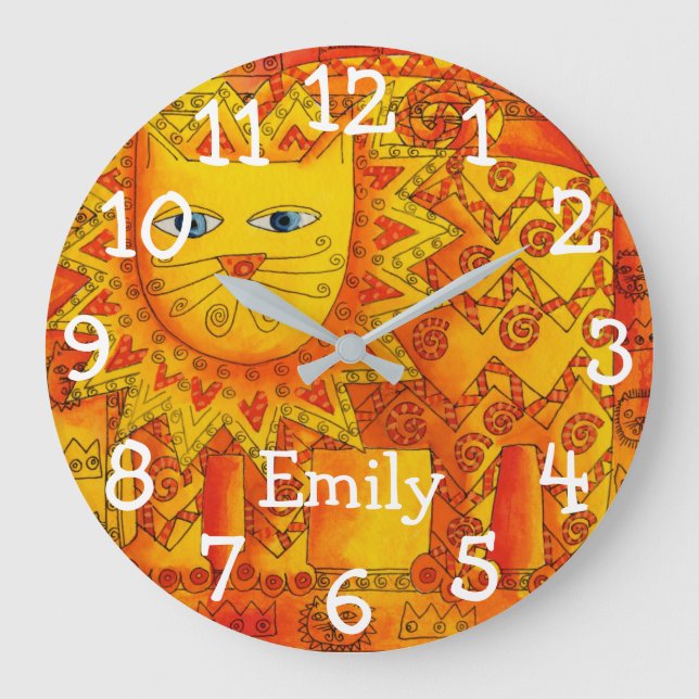 Patterned Watercolour Lion Personalised Name Large Clock (Front)