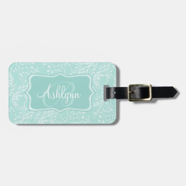 Patterned wildflower damask teal named luggage tag (Front Horizontal)