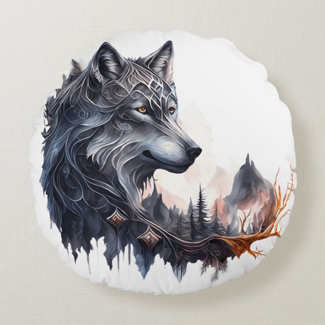 Patterned Wolf  Round Cushion (Front)