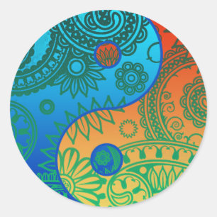 Patterned Yin Yang Orange and Blue Classic Round Sticker