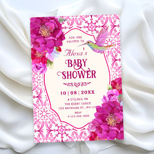 patternPink artistic tile floral baby shower Invitation