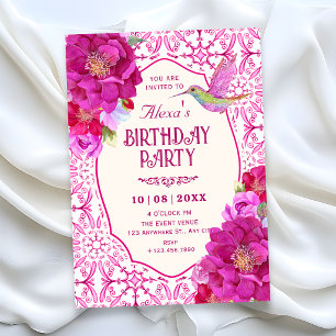 patternPink artistic tile floral birthday Invitation