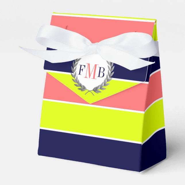 Patttern of colourful stripes and monogram wedding favour box (Front Side)