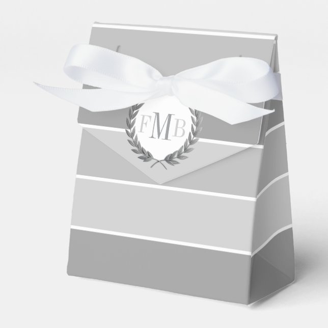 Patttern of grey stripes and initials wedding favour box (Front Side)