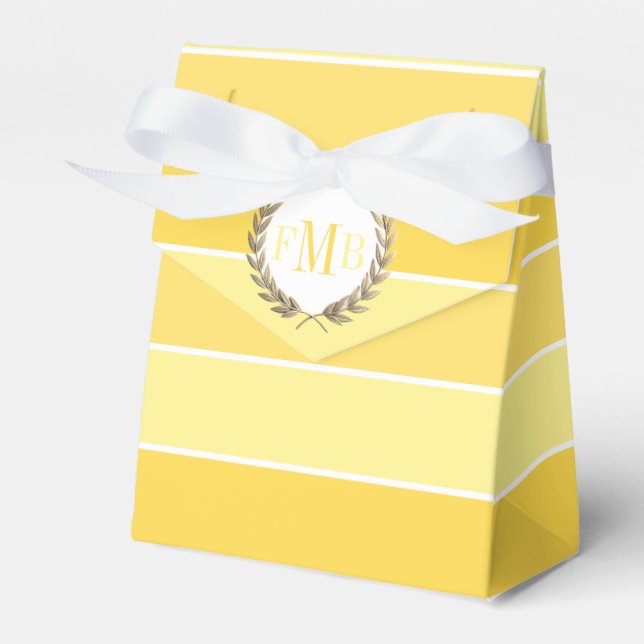 Patttern of yellow stripes and initials wedding favour box (Front Side)