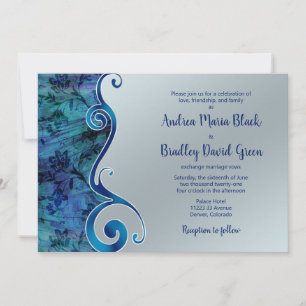 Paua Blue Silver Floral Scroll Wedding Invitation