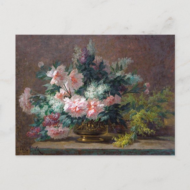 Paul Biva Peonies and mimosa in a copper vase Postcard (Front)
