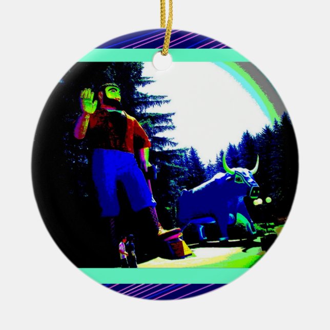 Paul Bunyan and Ox Photo digitally enhanced Ceramic Tree Decoration (Front)