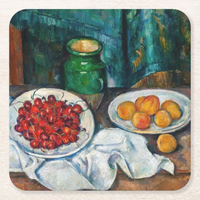 Paul Cezanne - Still Life with Cherries and Peachs Square Paper Coaster (Front)