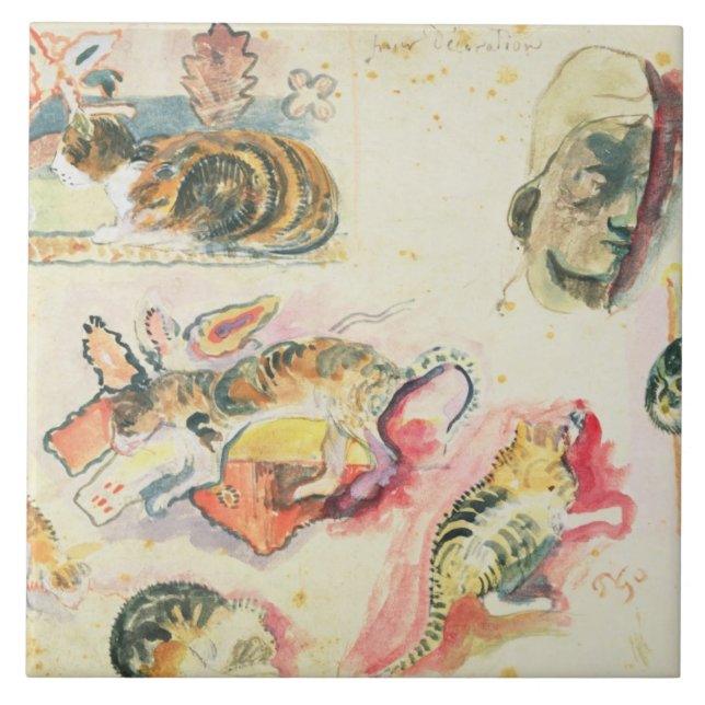 Paul Gauguin | Study of Cats and a Head (w/c on pa Tile (Front)