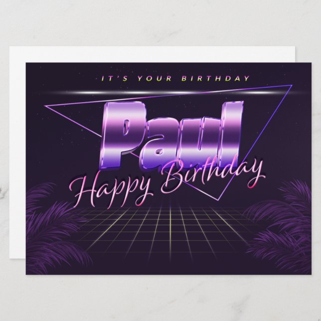 Paul Name first name purple retro card birthday (Front/Back)