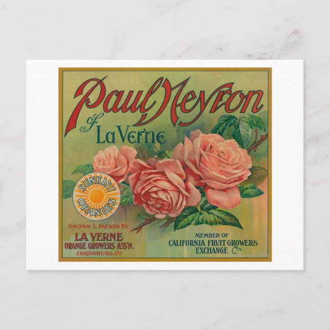 Paul Neyron of La Verne Orange Label Postcard (Front)