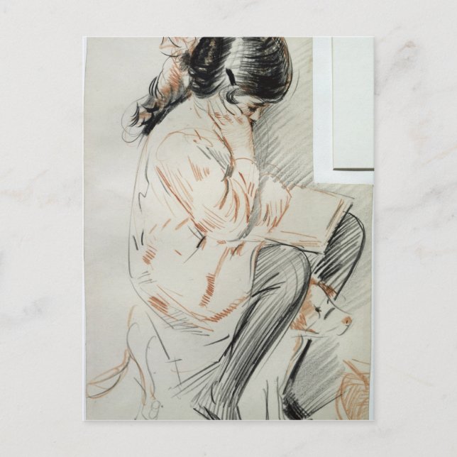 Paulette Reading Sitting on her Toy Dog Postcard (Front)