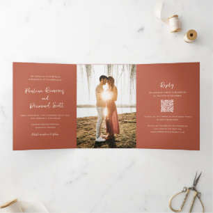 Paulina Modern Burnt Orange Simple Elegant Wedding Tri-Fold Invitation