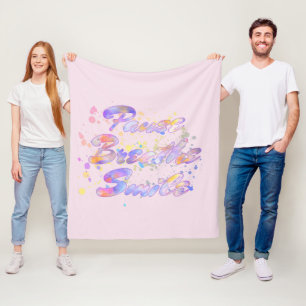 Pause Breathe Smile Watercolor Pink Mauve Yellow Fleece Blanket