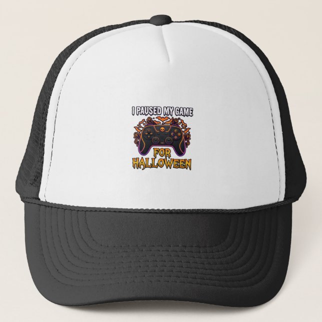 Paused Game Halloween Controller Bats Ghosts_1 Trucker Hat (Front)