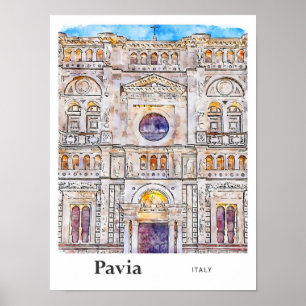 Pavia Italy Travel Watercolor Hand Drawn Poster