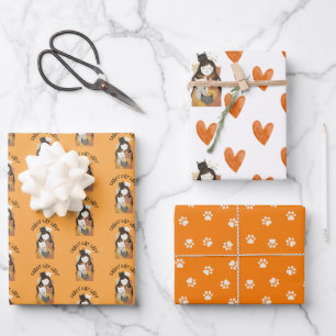 Paw and Heart Pattern Funny Cat Lover Wrapping Paper Sheet