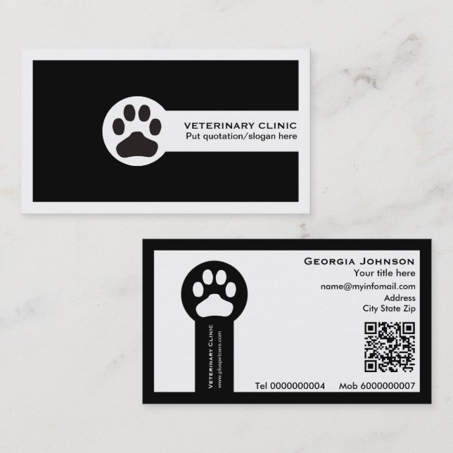 Paw and QR code black Vet/Veterinary Clinic  Business Card (Front/Back)
