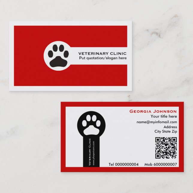 Paw and QR code red Vet/Veterinary Clinic  Business Card (Front/Back)