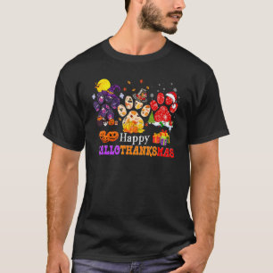 Paw Cat Happy Hallothanksmas Halloween Thanksgivin T-Shirt