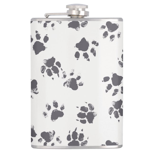 Paw Footprints: Dog Monochrome Seamless. Hip Flask (Front)