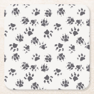 Paw Footprints: Dog Monochrome Seamless. Square Paper Coaster
