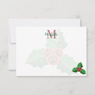 Paw Holly Leaves Christmas Custom Monogram Card