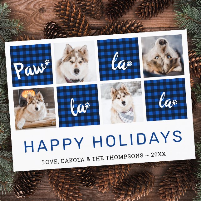Paw La La La Blue Buffalo Plaid Pet Photo Collage  Holiday Card (Creator Uploaded)