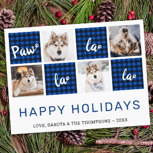 Paw La La La Blue Buffalo Plaid Pet Photo Collage Holiday Postcard