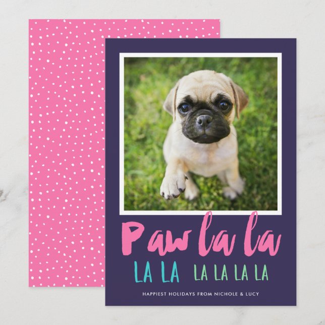 Paw La La Pet Photo Modern Christmas Pink Holiday Card (Front/Back)