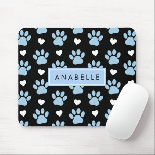 Paw Pattern, Blue Paws, White Hearts, Your Name Mouse Mat