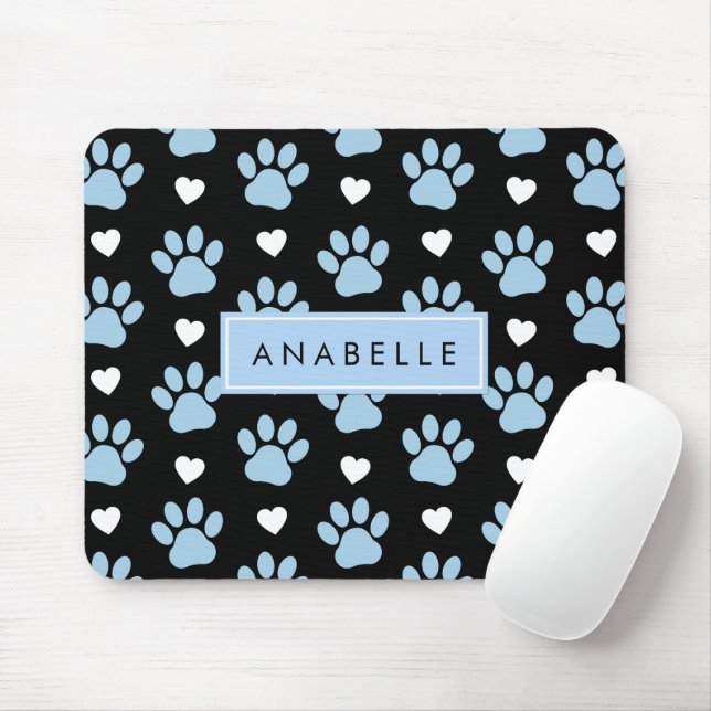 Paw Pattern, Blue Paws, White Hearts, Your Name Mouse Mat (With Mouse)