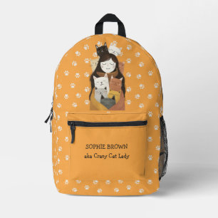 Paw Pattern Crazy Cat Lady with Name Yellow Printed Backpack