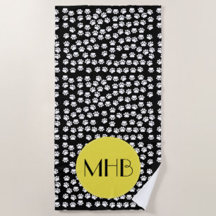 Paw Pattern, Dog Paws, Black and White, Monogram Beach Towel