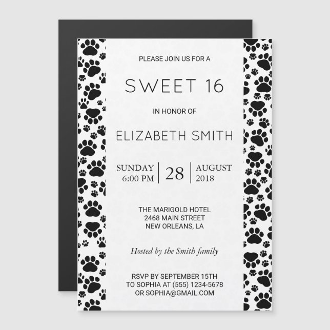 Paw Pattern, Dog Paws, Black and White, Sweet 16 Magnetic Invitation (Front/Back)