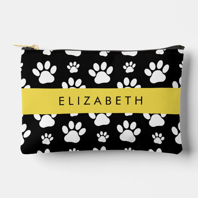 Paw Pattern, Dog Paws, Black and White, Your Name Accessory Pouch (Front)