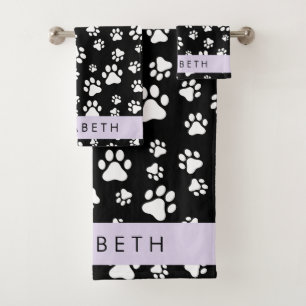 Paw Pattern, Dog Paws, Black and White, Your Name Bath Towel Set
