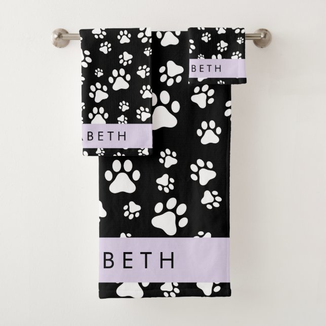 Paw Pattern, Dog Paws, Black and White, Your Name Bath Towel Set (Insitu)