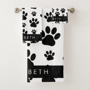 Paw Pattern, Dog Paws, Black and White, Your Name Bath Towel Set
