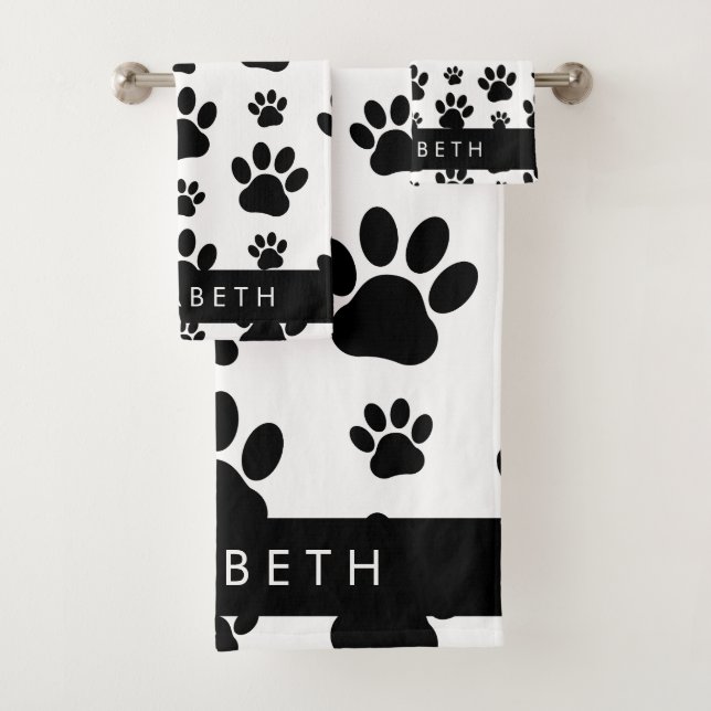Paw Pattern, Dog Paws, Black and White, Your Name Bath Towel Set (Insitu)