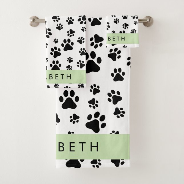 Paw Pattern, Dog Paws, Black and White, Your Name Bath Towel Set (Insitu)