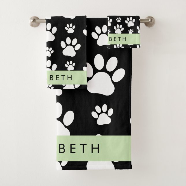 Paw Pattern, Dog Paws, Black and White, Your Name Bath Towel Set (Insitu)